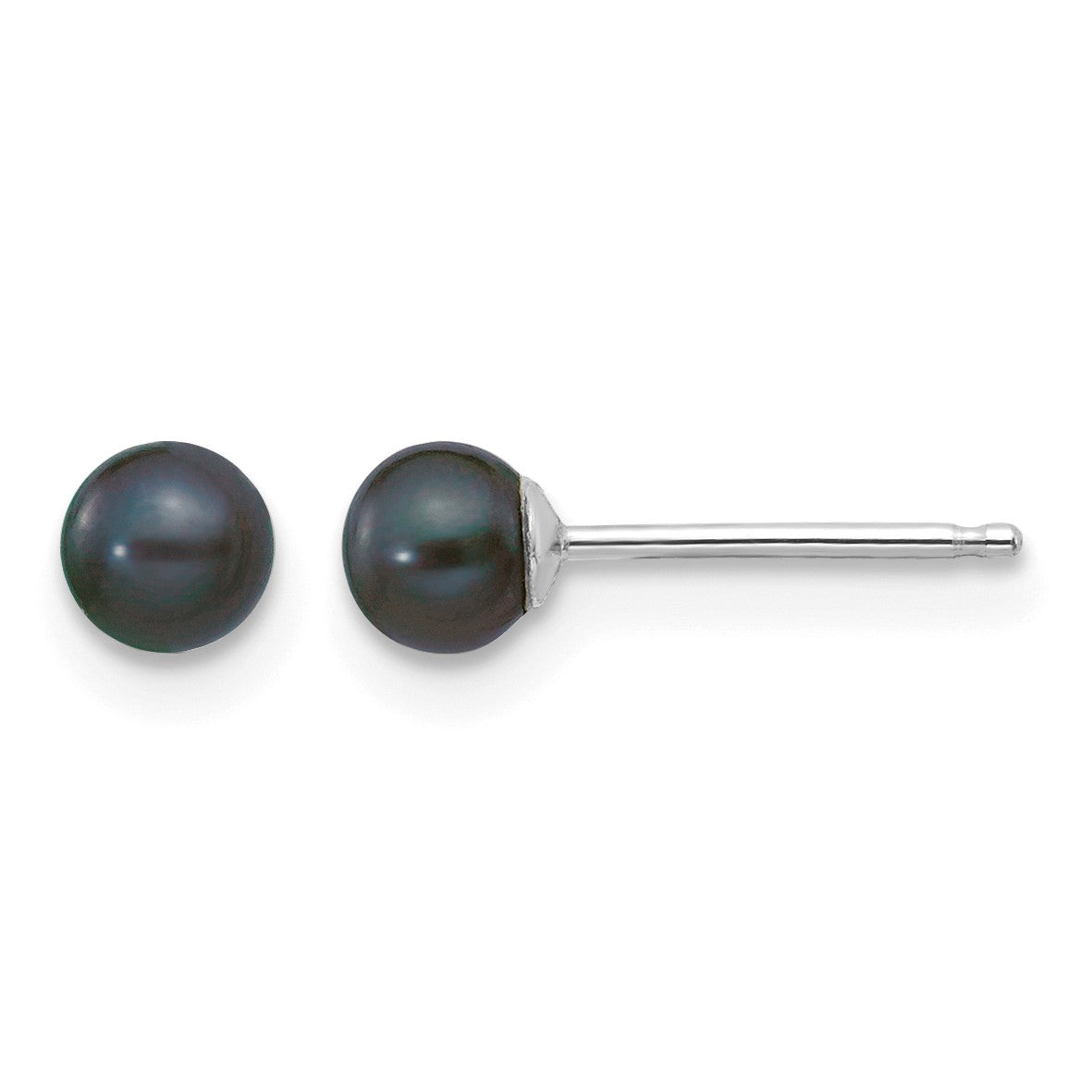 14k White Gold 3-4mm Black Round Freshwater Cultured Pearl Stud Post Earrings