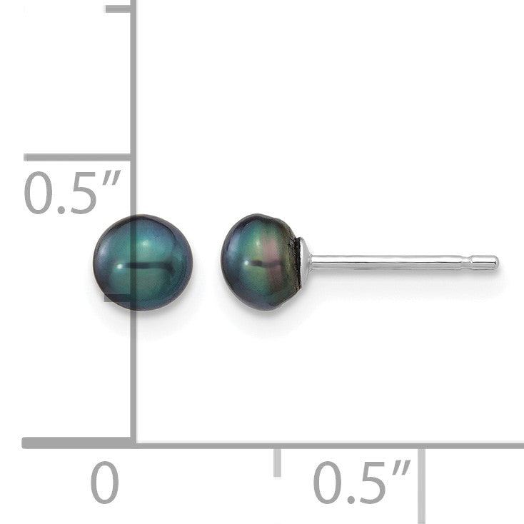 14k White Gold 4-5mm Black Button Freshwater Cultured Pearl Stud Post Earrings
