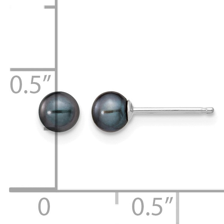14k White Gold 4-5mm Black Round Freshwater Cultured Pearl Stud Post Earrings