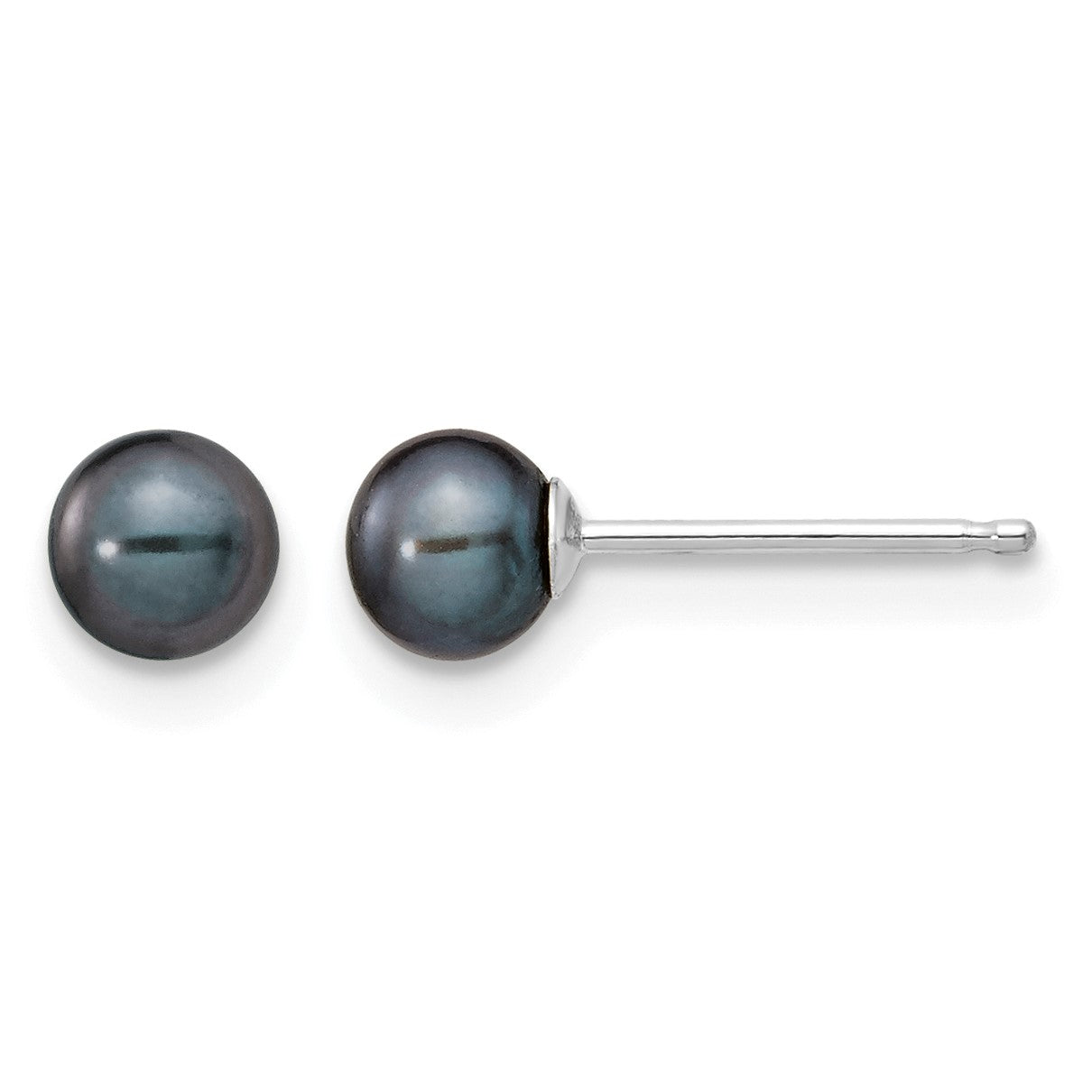 14k White Gold 4-5mm Black Round Freshwater Cultured Pearl Stud Post Earrings