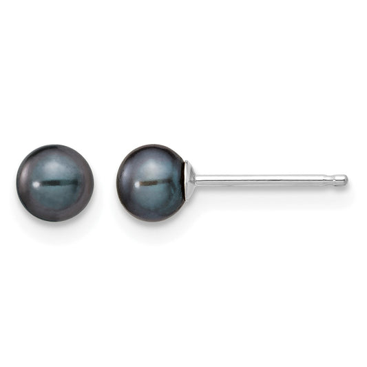14k White Gold 4-5mm Black Round Freshwater Cultured Pearl Stud Post Earrings