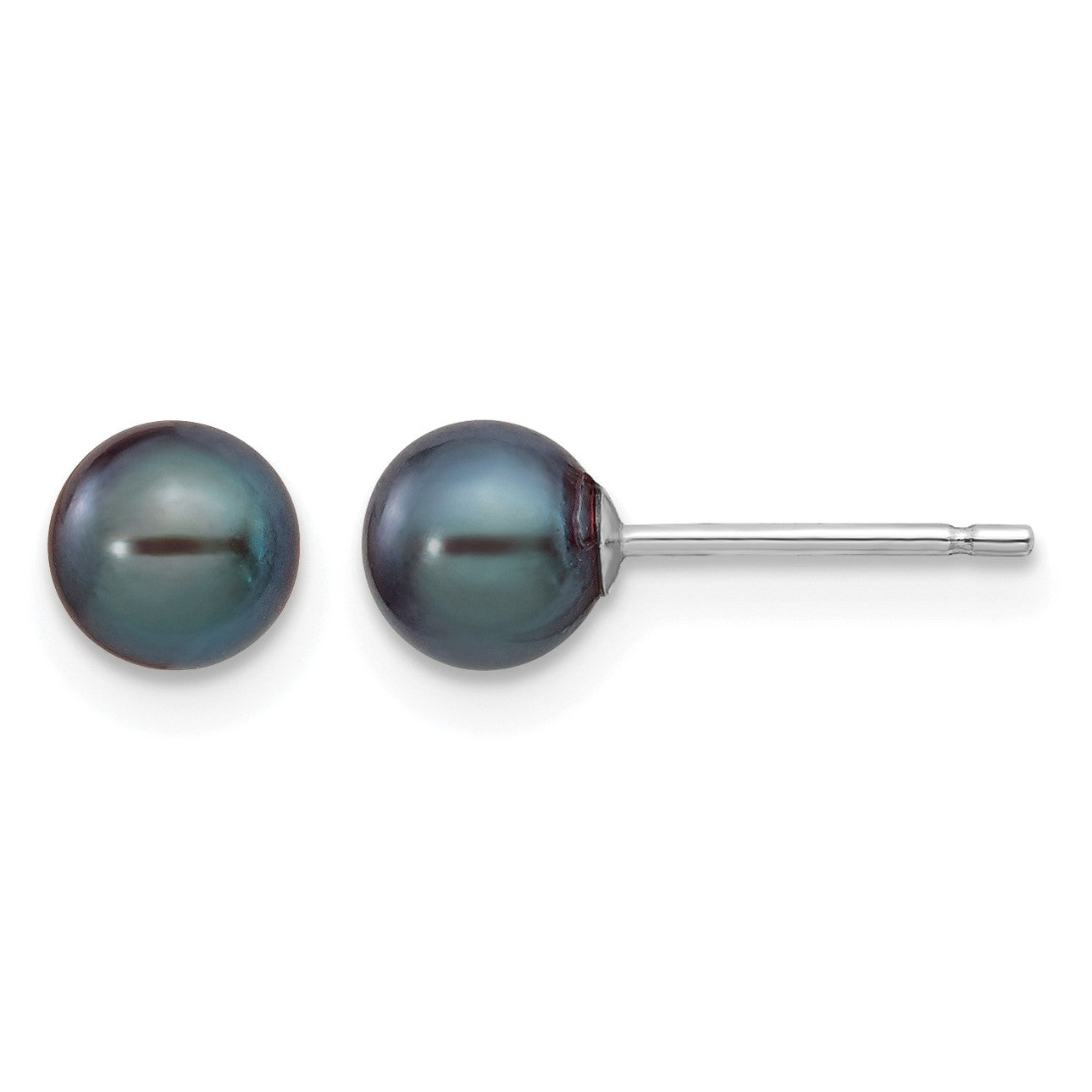 14k White Gold 5-6mm Black Round Freshwater Cultured Pearl Stud Post Earrings