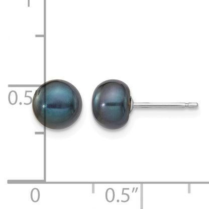 14k White Gold 6-7mm Black Button Freshwater Cultured Pearl Stud Post Earrings