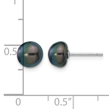 14k White Gold 7-8mm Black Button Freshwater Cultured Pearl Stud Post Earrings