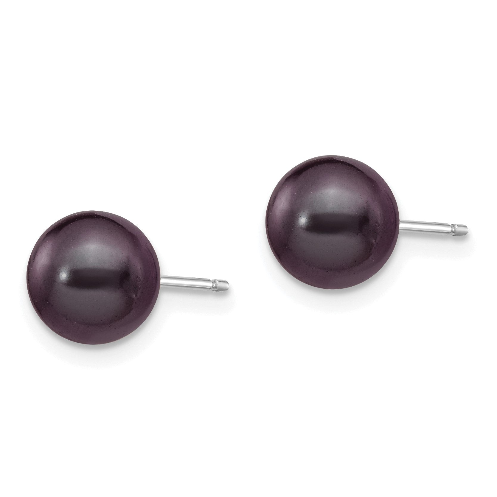 14k White Gold 7-8mm Black Round Freshwater Cultured Pearl Stud Post Earrings