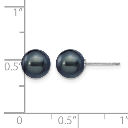 14k White Gold 7-8mm Black Round Freshwater Cultured Pearl Stud Post Earrings