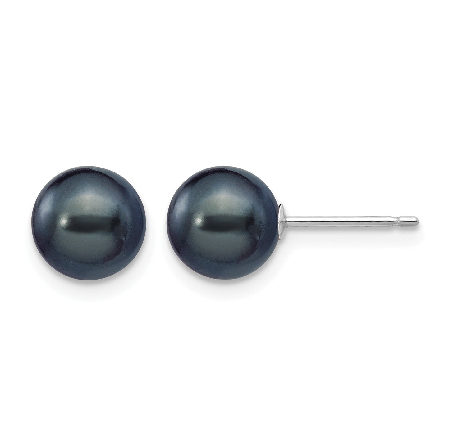 14k White Gold 7-8mm Black Round Freshwater Cultured Pearl Stud Post Earrings