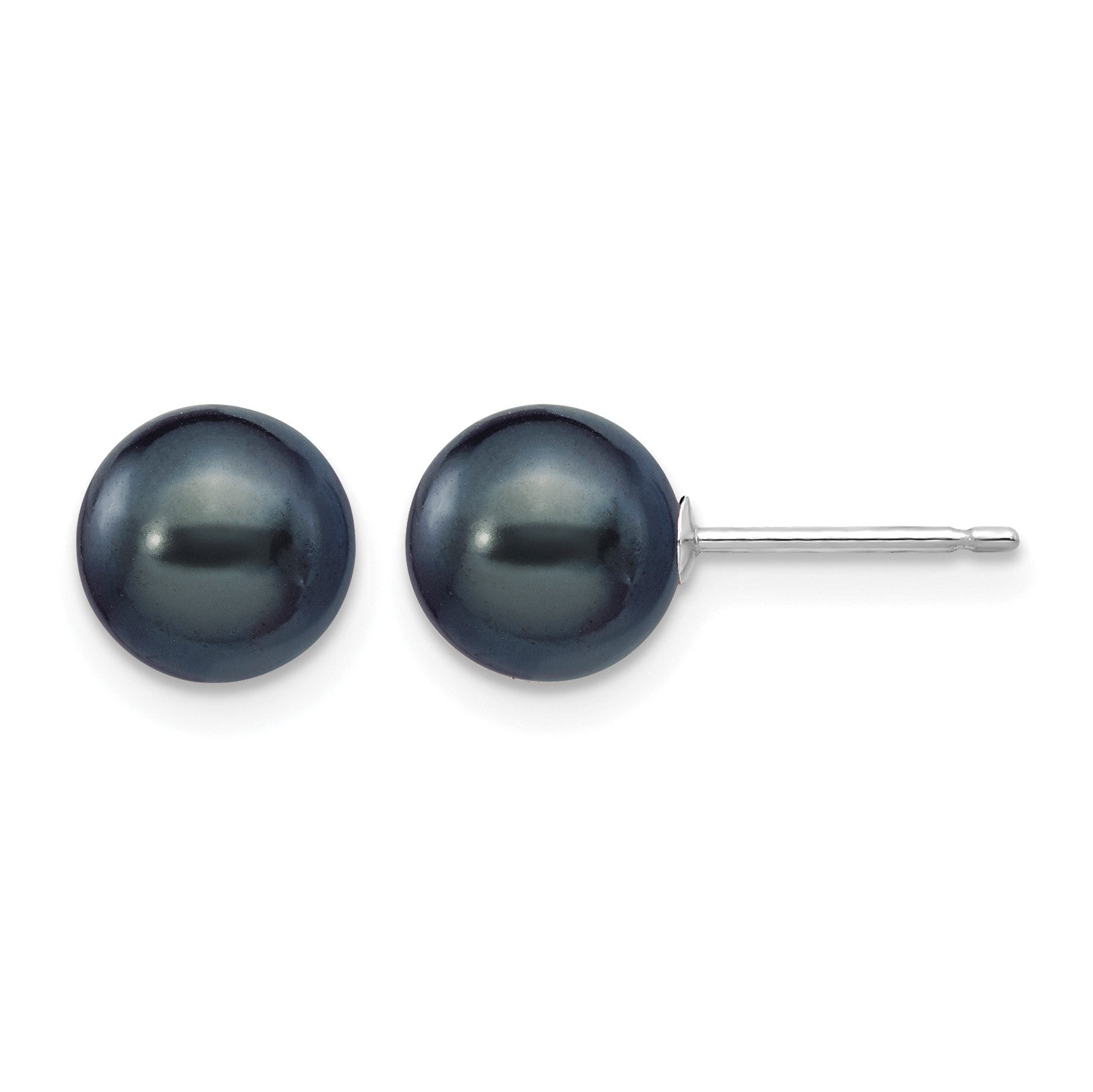 14k White Gold 7-8mm Black Round Freshwater Cultured Pearl Stud Post Earrings