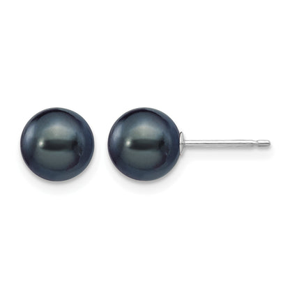 14k White Gold 7-8mm Black Round Freshwater Cultured Pearl Stud Post Earrings