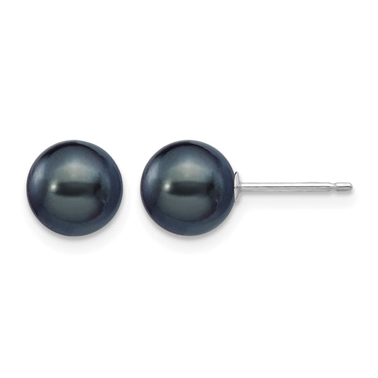 14k White Gold 7-8mm Black Round Freshwater Cultured Pearl Stud Post Earrings