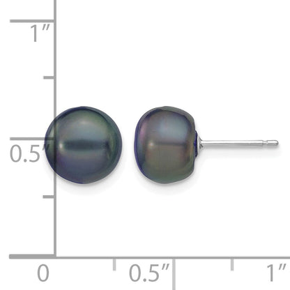 14k White Gold 8-9mm Black Button Freshwater Cultured Pearl Stud Post Earrings