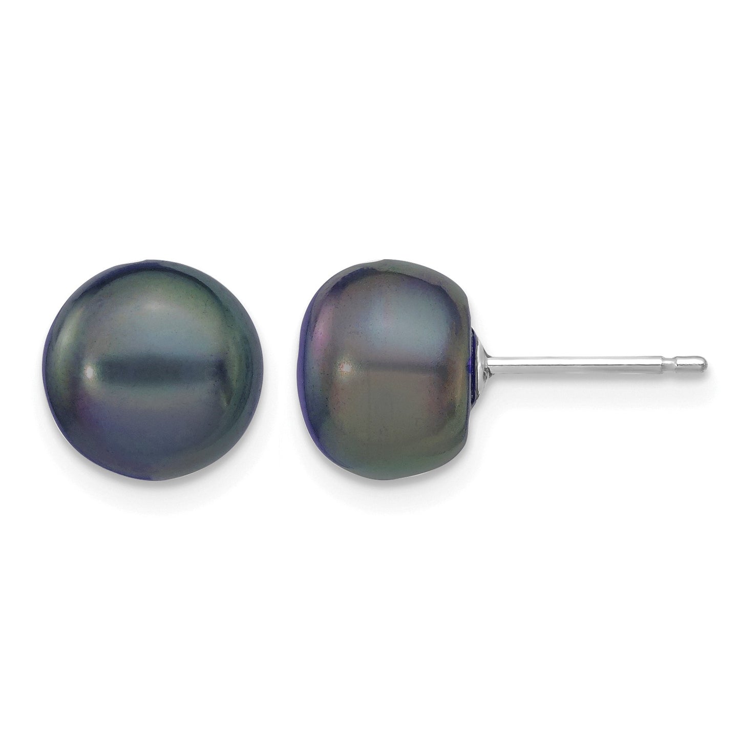 14k White Gold 8-9mm Black Button Freshwater Cultured Pearl Stud Post Earrings