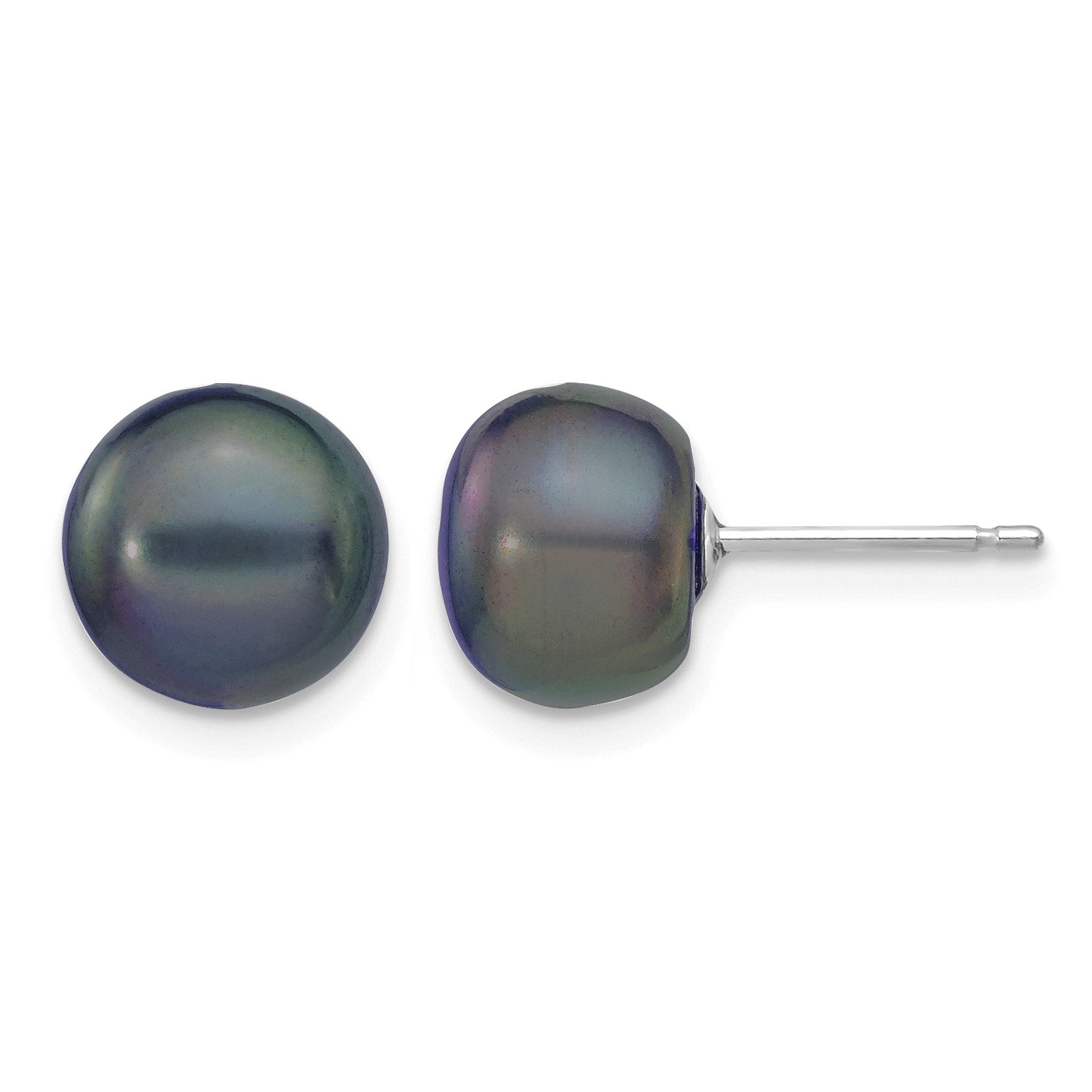 14k White Gold 8-9mm Black Button Freshwater Cultured Pearl Stud Post Earrings
