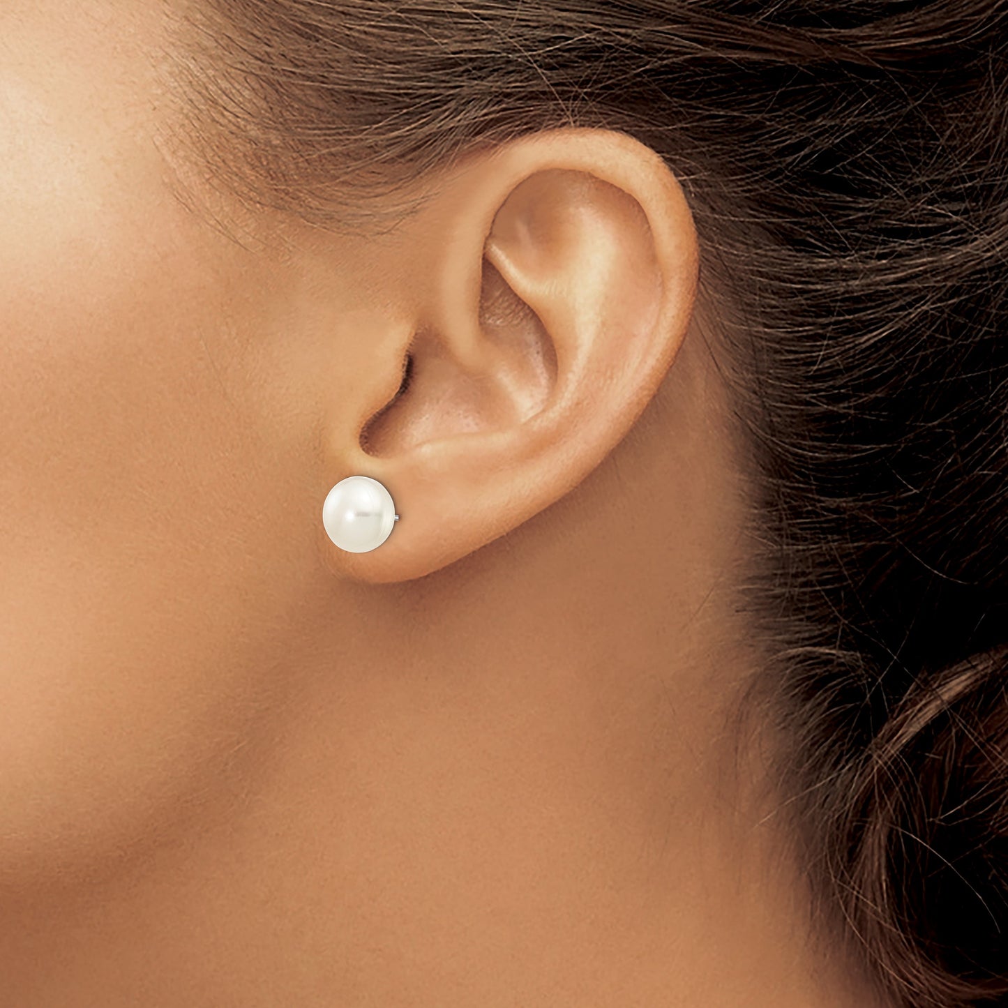 14k White Gold 8-9mm White Button Freshwater Cultured Pearl Stud Post Earrings