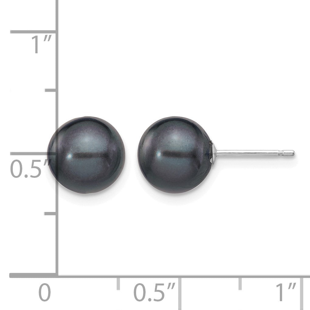 14k White Gold 8-9mm Black Round Freshwater Cultured Pearl Stud Post Earrings