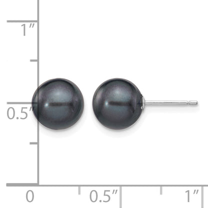 14k White Gold 8-9mm Black Round Freshwater Cultured Pearl Stud Post Earrings
