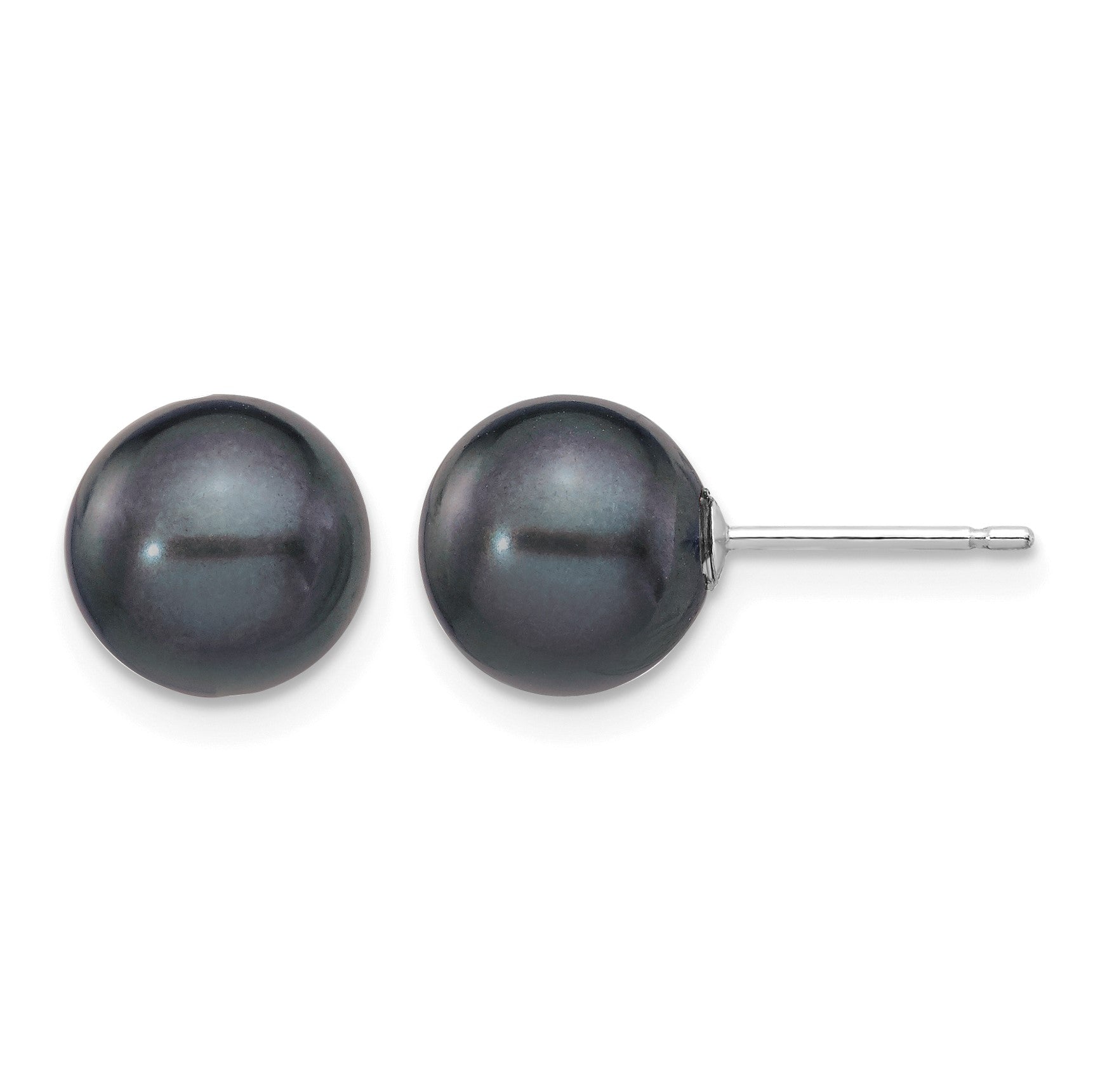 14k White Gold 8-9mm Black Round Freshwater Cultured Pearl Stud Post Earrings