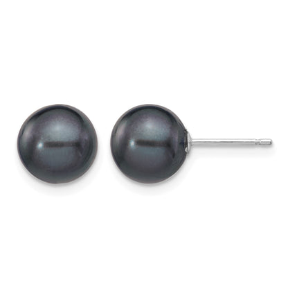 14k White Gold 8-9mm Black Round Freshwater Cultured Pearl Stud Post Earrings