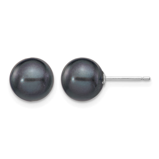 14k White Gold 8-9mm Black Round Freshwater Cultured Pearl Stud Post Earrings