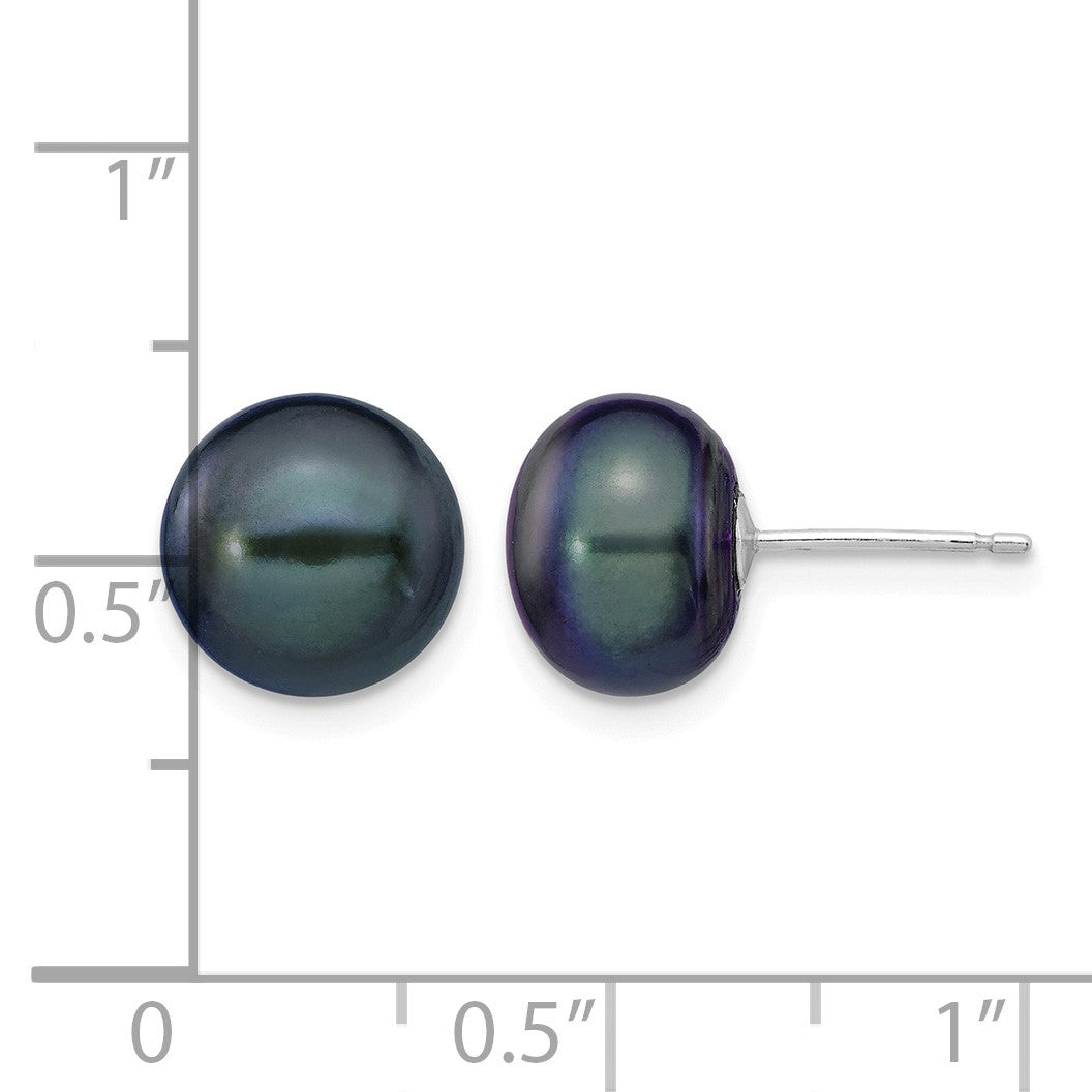 14k White Gold 9-10mm Black Button Freshwater Cultured Pearl Stud Post Earrings
