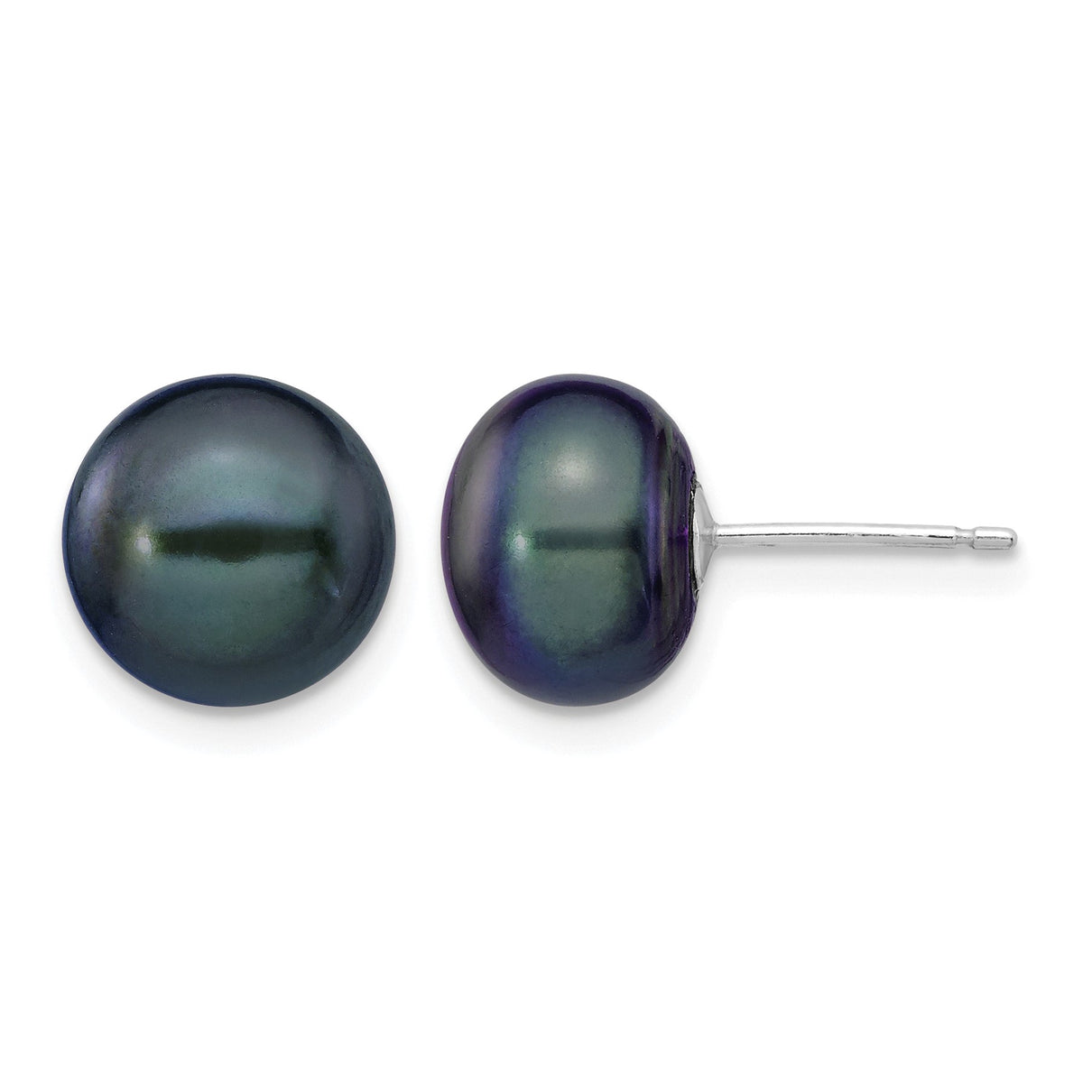 14k White Gold 9-10mm Black Button Freshwater Cultured Pearl Stud Post Earrings