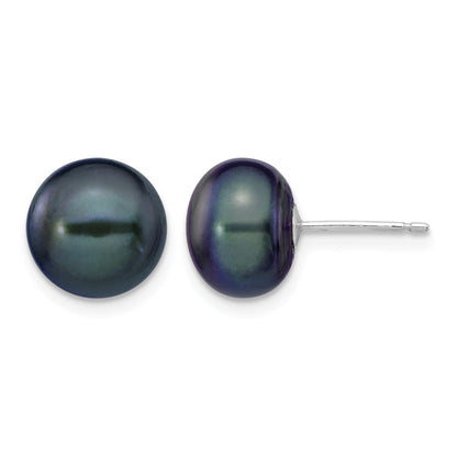 14k White Gold 9-10mm Black Button Freshwater Cultured Pearl Stud Post Earrings