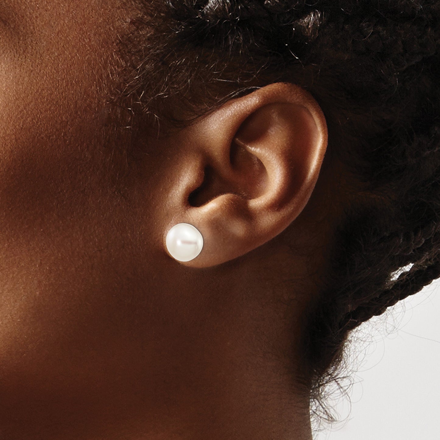 14k White Gold 9-10mm White Button Freshwater Cultured Pearl Stud Post Earrings