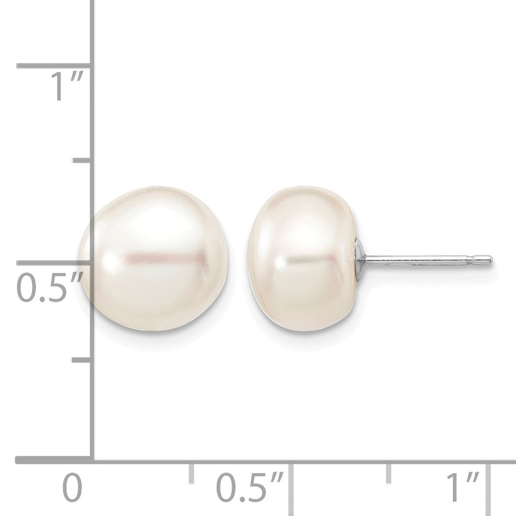 14k White Gold 9-10mm White Button Freshwater Cultured Pearl Stud Post Earrings