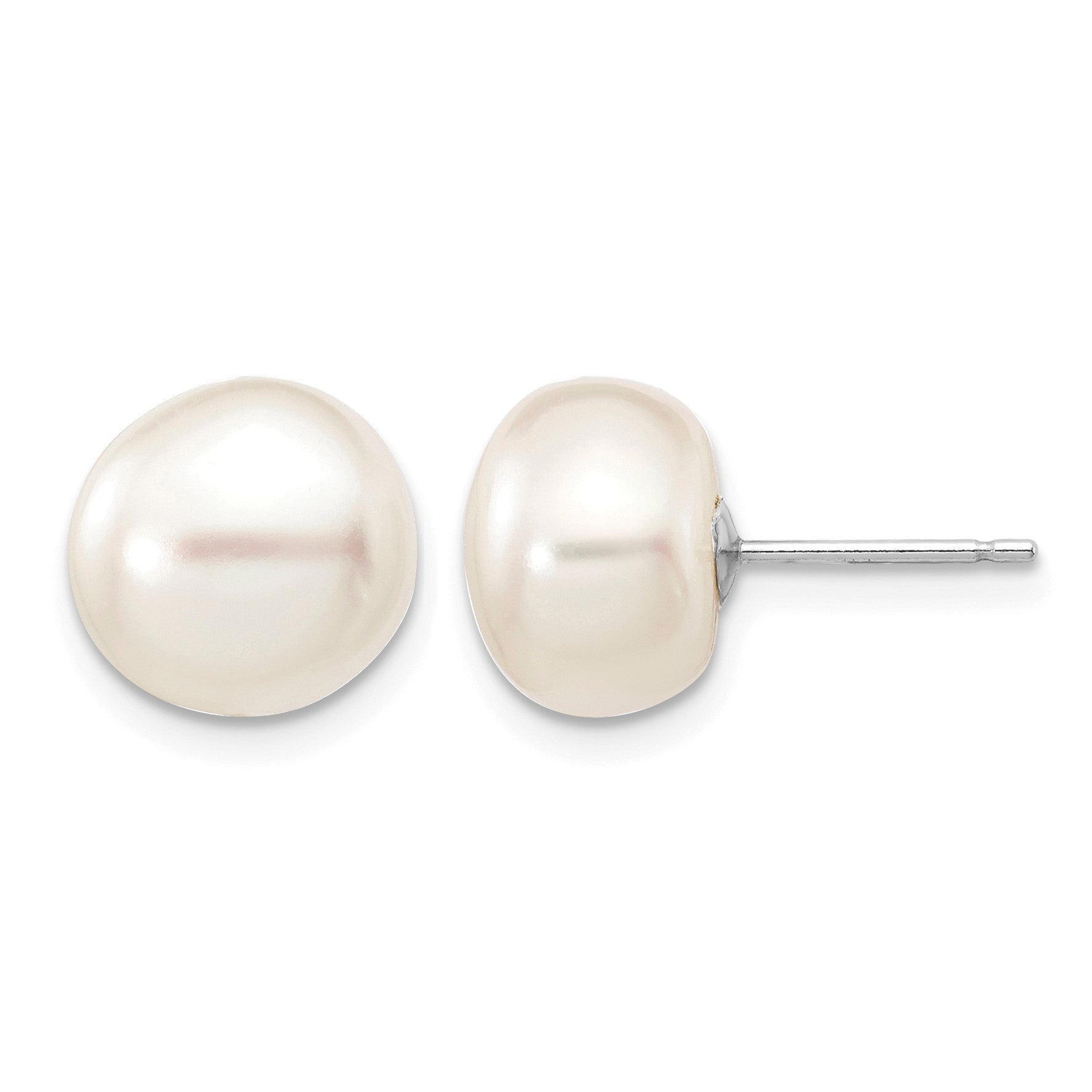 14k White Gold 9-10mm White Button Freshwater Cultured Pearl Stud Post Earrings