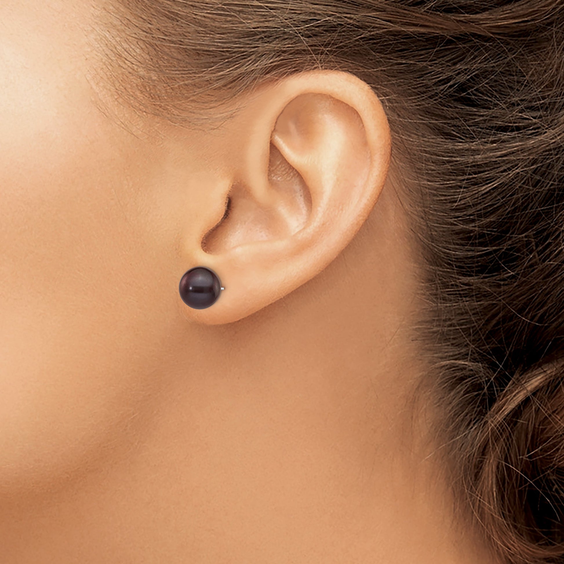14k White Gold 9-10mm Black Round Freshwater Cultured Pearl Stud Post Earrings