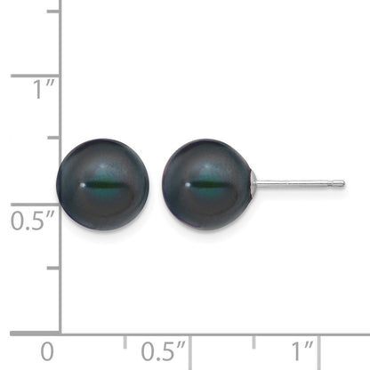 14k White Gold 9-10mm Black Round Freshwater Cultured Pearl Stud Post Earrings
