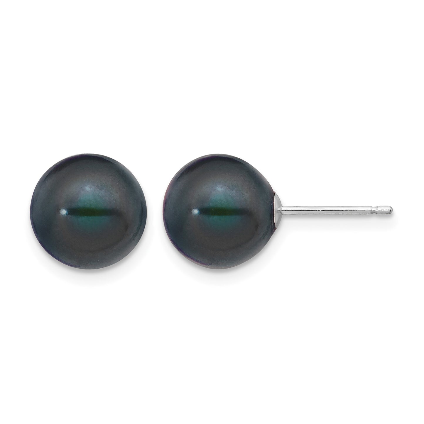 14k White Gold 9-10mm Black Round Freshwater Cultured Pearl Stud Post Earrings