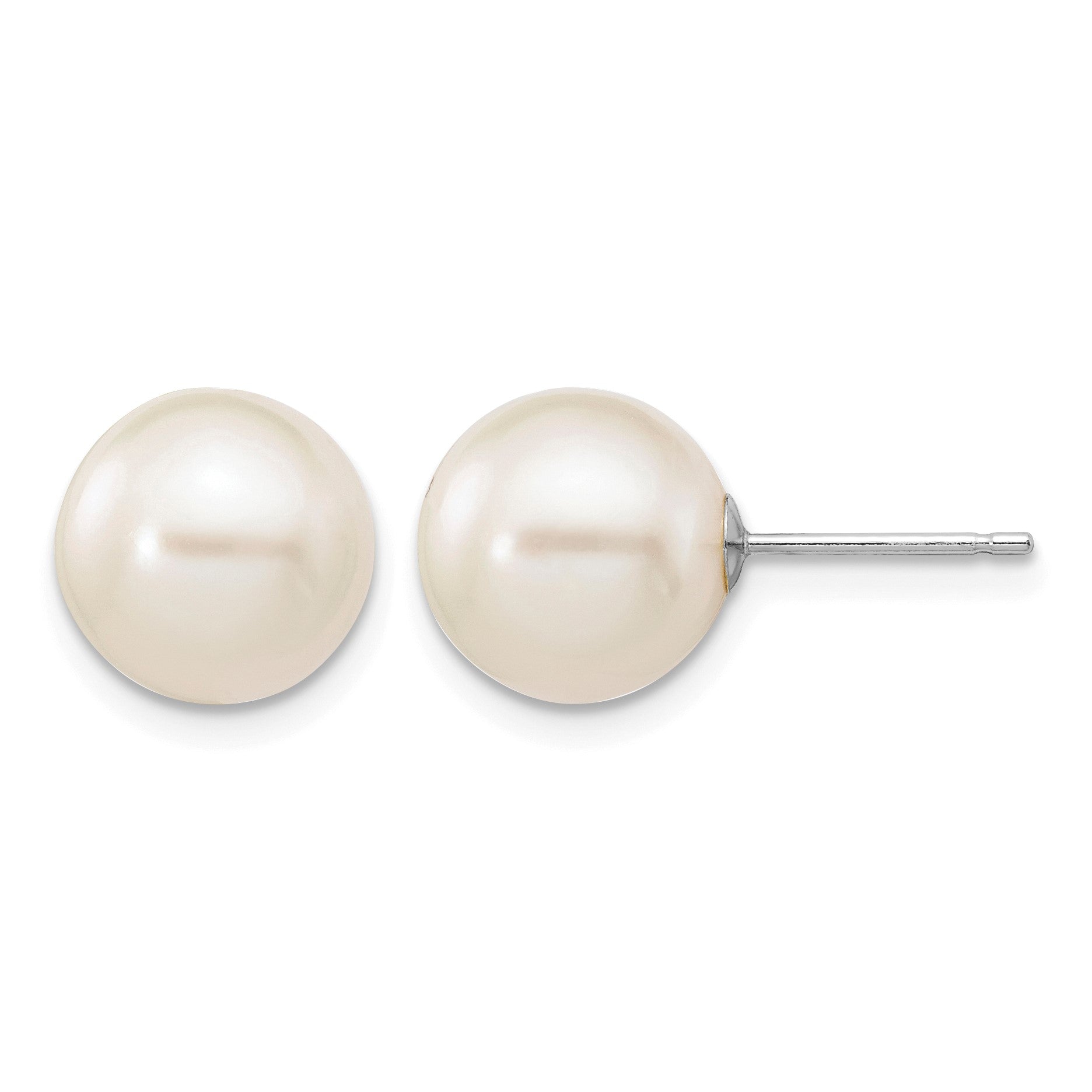 14k White Gold 9-10mm White Round Freshwater Cultured Pearl Stud Post Earrings