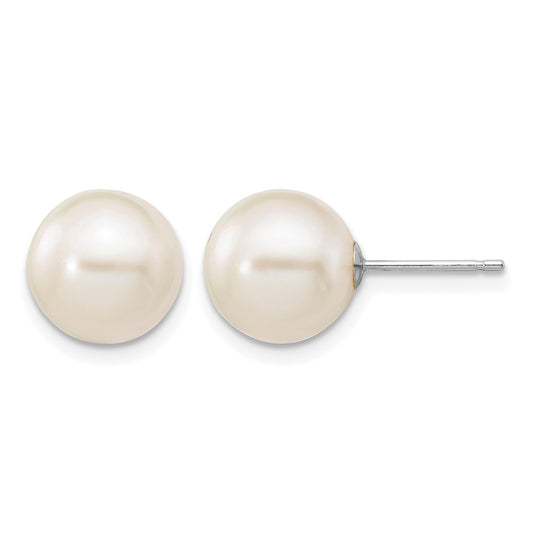 14k White Gold 9-10mm White Round Freshwater Cultured Pearl Stud Post Earrings