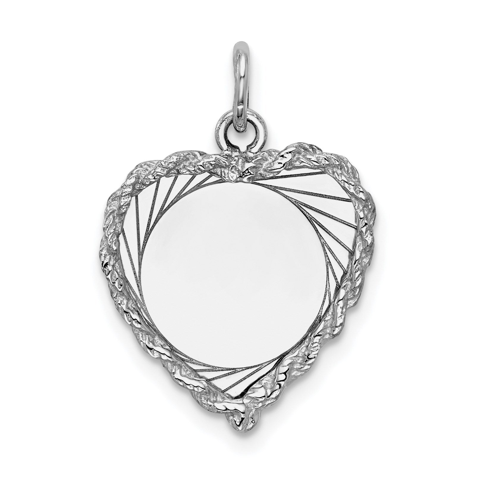 14k White Gold Etched Design with Rope Edge .013 Gauge Engravable Heart 20x16mm Disc Charm