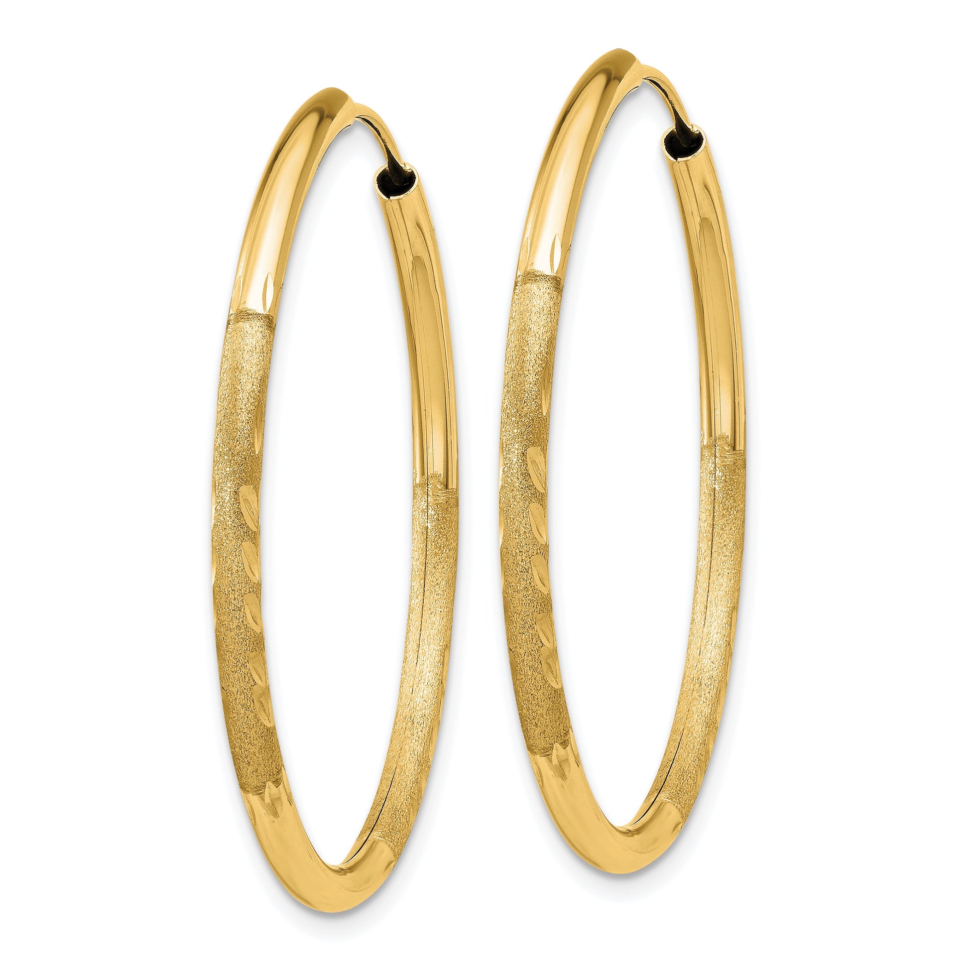14k 2x30mm Satin Diamond-cut Endless Tube Hoop Earrings