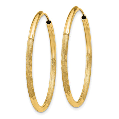 14k 2x30mm Satin Diamond-cut Endless Tube Hoop Earrings