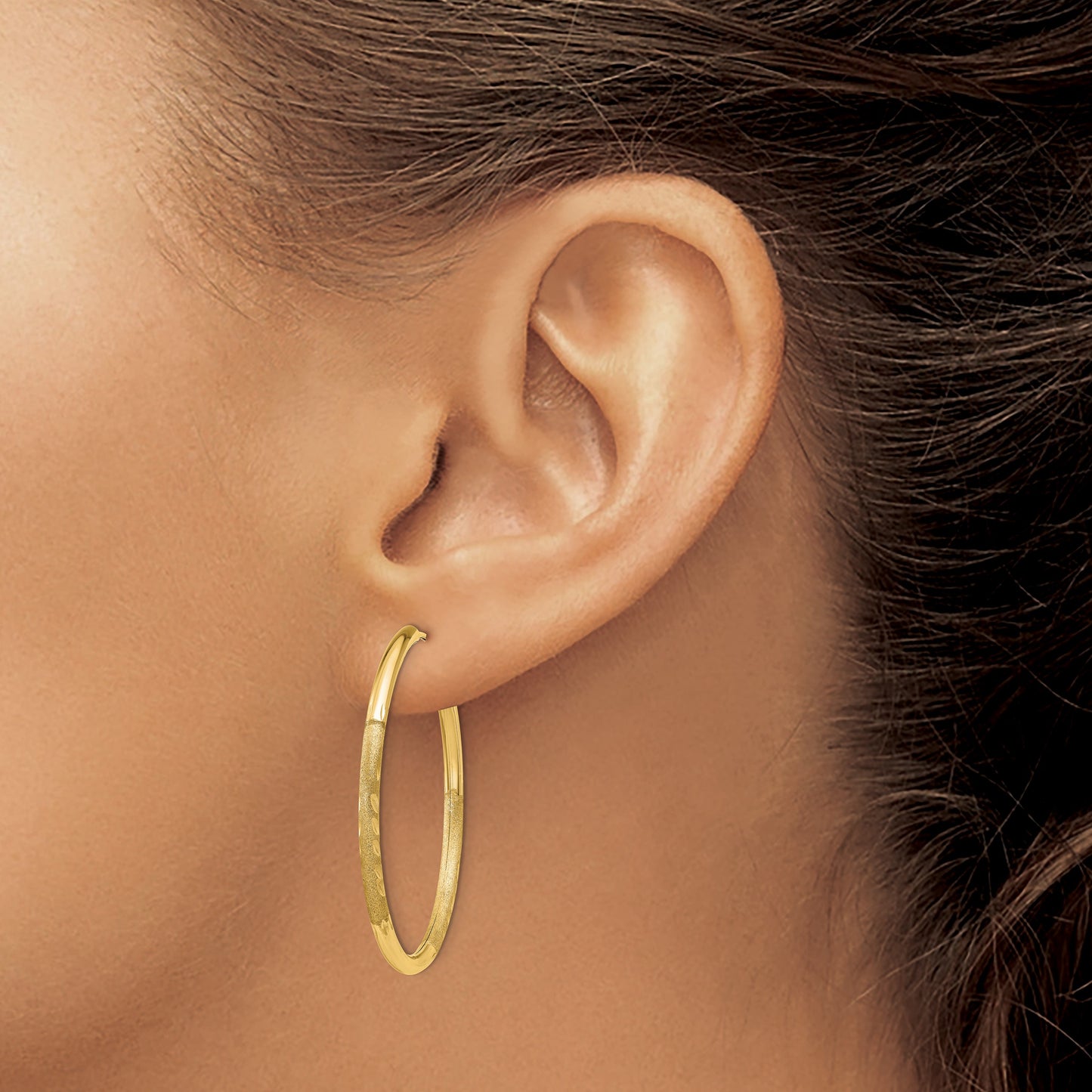 14k 2x30mm Satin Diamond-cut Endless Tube Hoop Earrings