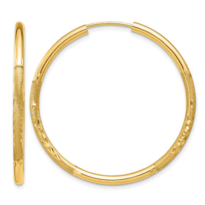 14k 2x30mm Satin Diamond-cut Endless Tube Hoop Earrings