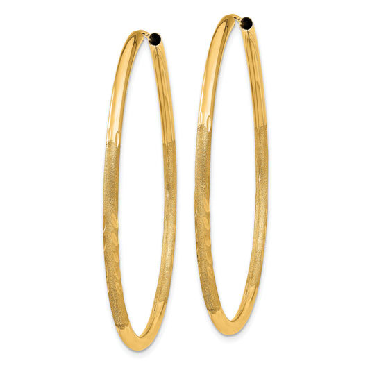 14k 2x40mm Satin Diamond-cut Endless Tube Hoop Earrings