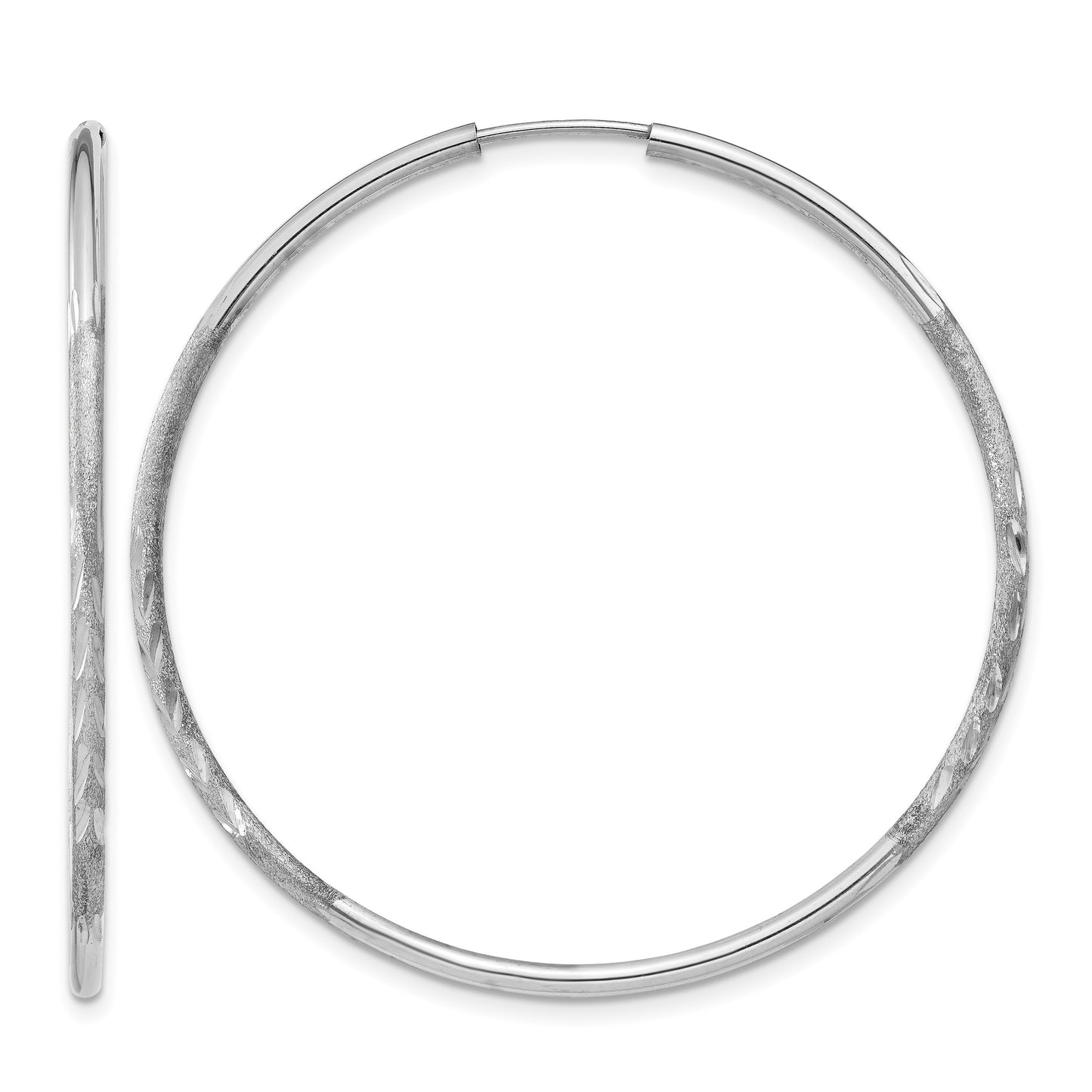 14k White Gold 1.5x40mm Satin Diamond-cut Endless Tube Hoop Earrings