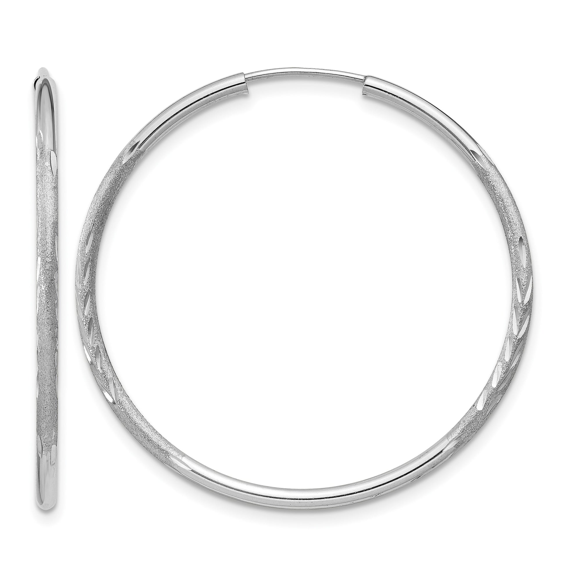 14k White Gold 1.5x30mm Satin Diamond-cut Endless Tube Hoop Earrings
