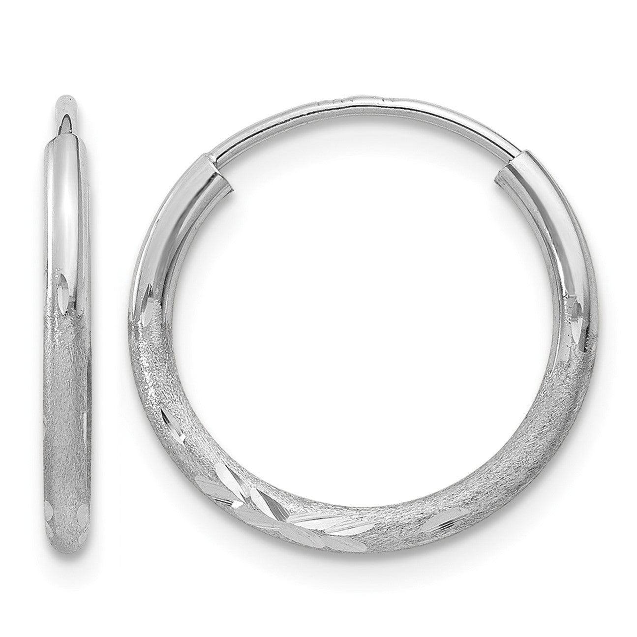 14k White Gold 1.5x14mm Satin Diamond-cut Endless Tube Hoop Earrings