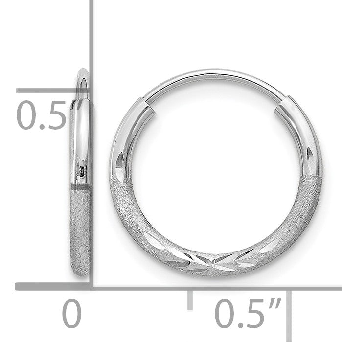 14k White Gold 1.5x12mm Satin Diamond-cut Endless Tube Hoop Earrings