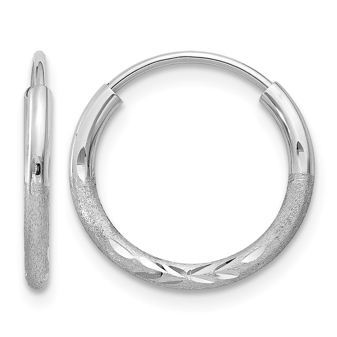 14k White Gold 1.5x12mm Satin Diamond-cut Endless Tube Hoop Earrings