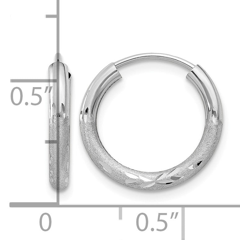 14k White Gold 2x12mm Satin Diamond-cut Endless Tube Hoop Earrings