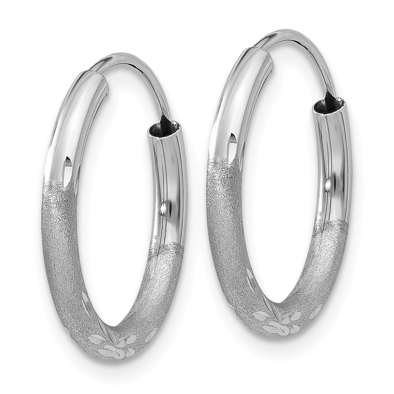 14k White Gold 2x14mm Satin Diamond-cut Endless Tube Hoop Earrings