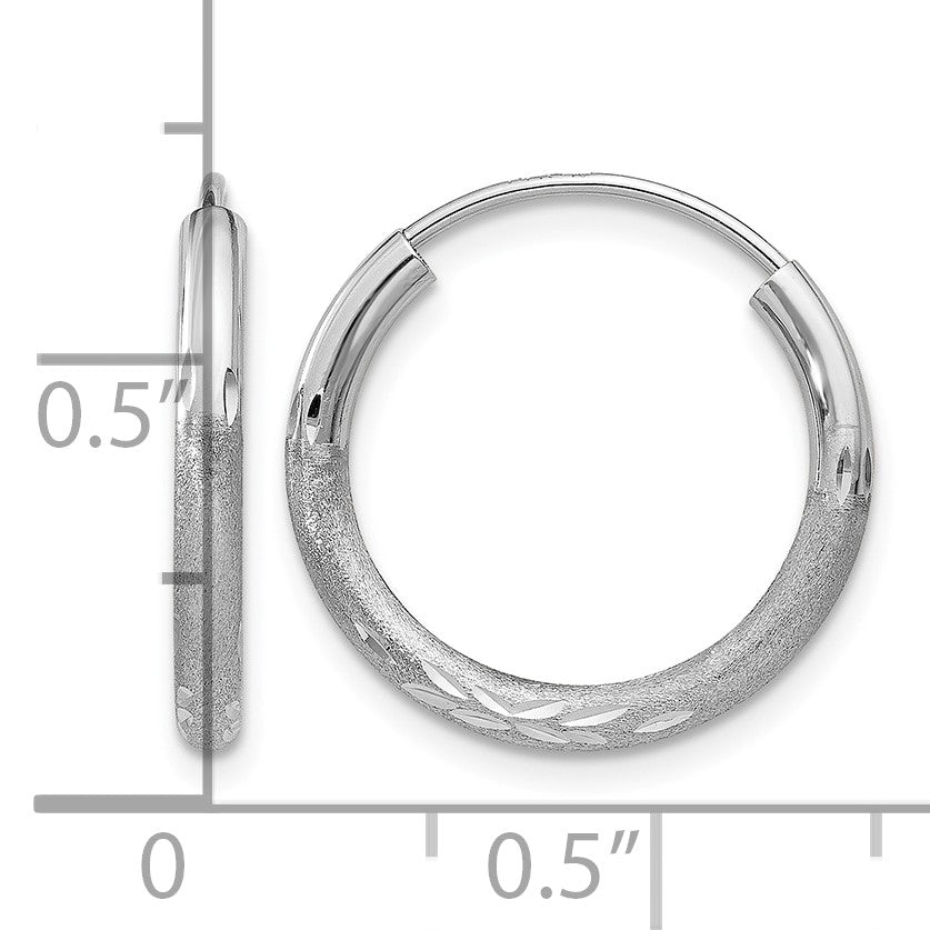14k White Gold 2x14mm Satin Diamond-cut Endless Tube Hoop Earrings