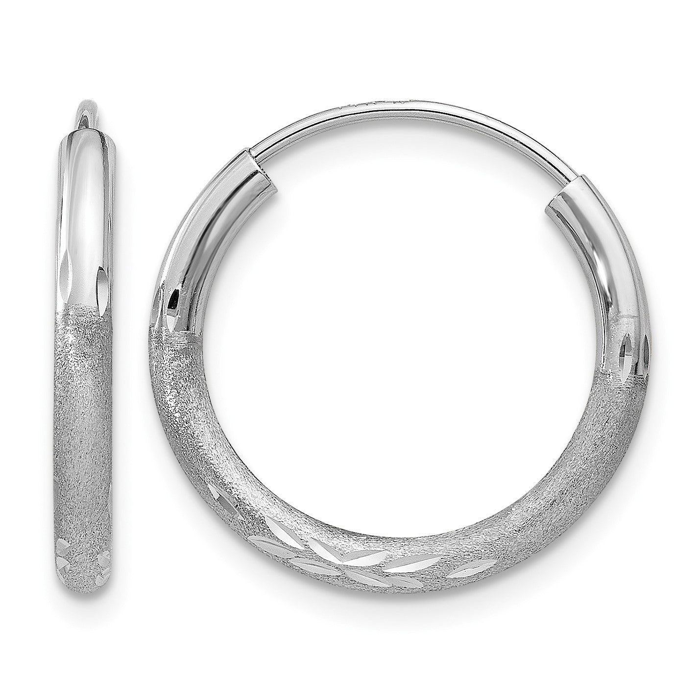14k White Gold 2x14mm Satin Diamond-cut Endless Tube Hoop Earrings