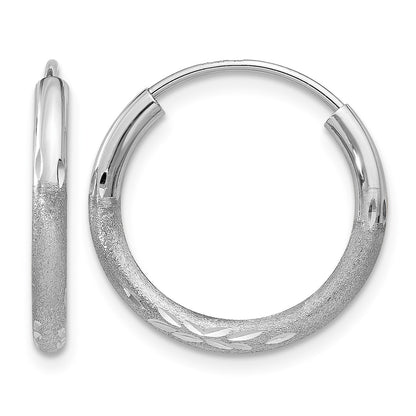 14k White Gold 2x14mm Satin Diamond-cut Endless Tube Hoop Earrings